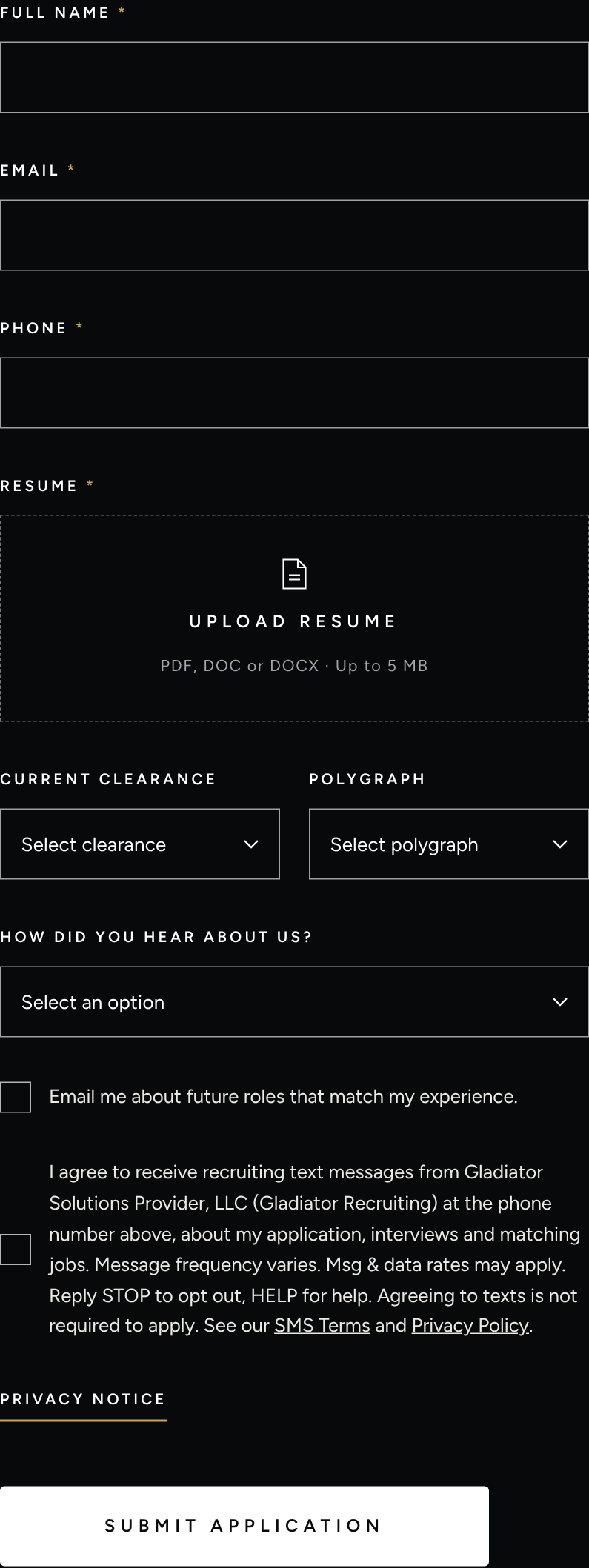 The full job application form with the email and text-message boxes under the fields