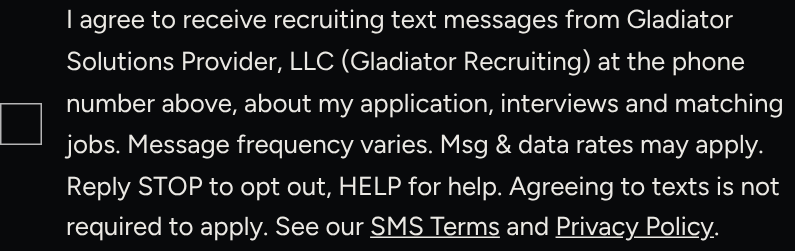 The unchecked text-message box at the bottom of the job application