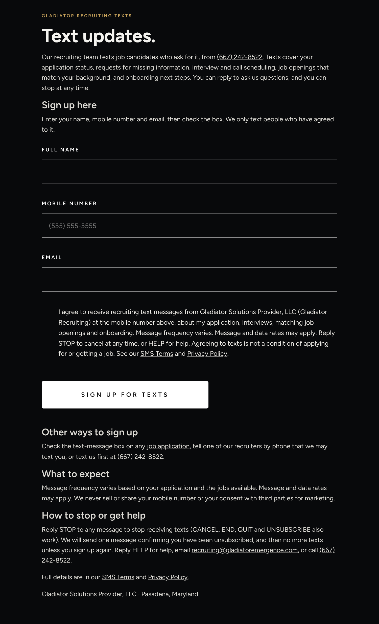 The Text updates sign-up form: full name, mobile number, email, an unchecked consent box with the full disclosure, and a Sign up for texts button